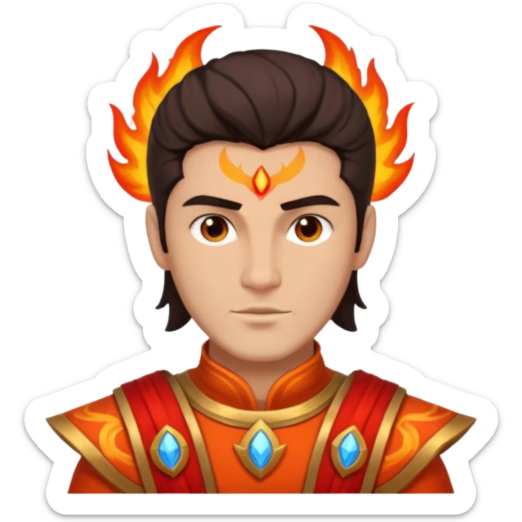 Vulcan, Fire God from Rome Mythology with dark brown hair, orange and red outfit, light tan skin sticker