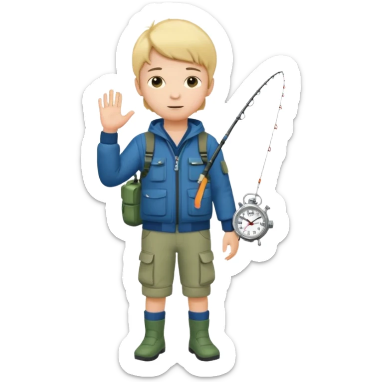Boy in fishing suit looking at his wristwatch, full body sticker