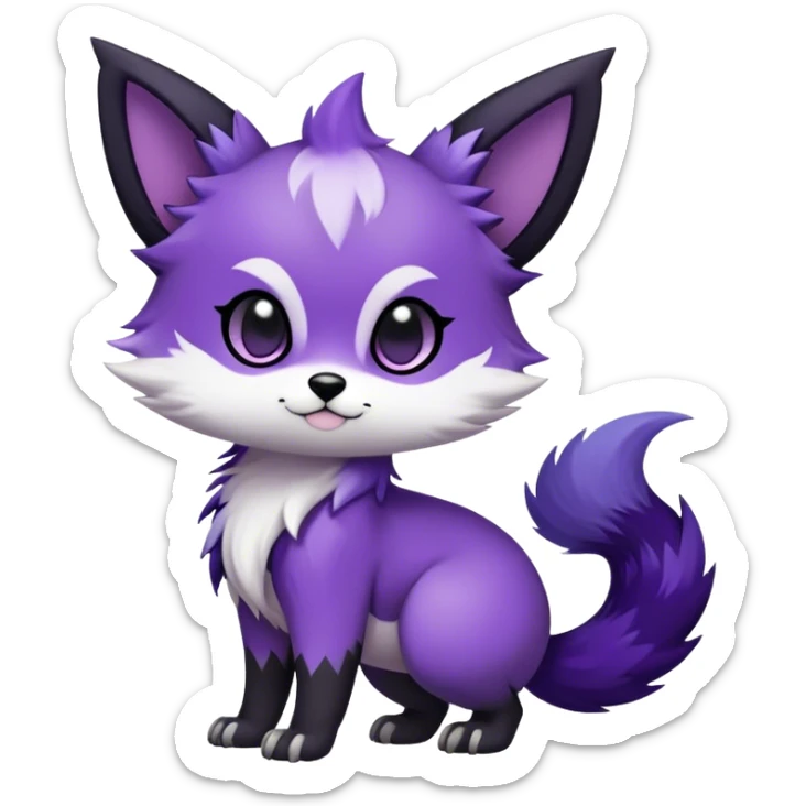  High quality Cute Cool Kawaii edgy Chibi Fur-Sona Purple fur, white belly, white tail-tip, black legs, black ears, Fakemon-creature-animal-vernid-hybrid Full Body, facial markings sticker