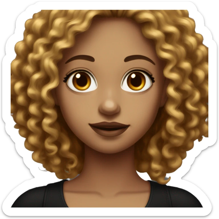 Female with long curly cherry chocolate hair, burgundy eyes and light skin. She wears eyeliner and mascara, a black tank top and gold jewelry sticker