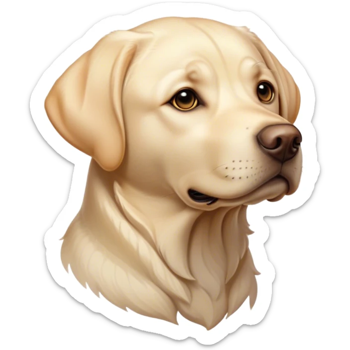 Cinematic Noble Cream Labrador Portrait Emoji, Poised and regal, with a strong, athletic build and a smooth, well-groomed cream Fur, deep-set soulful warm eyes, Simplified yet sharp and sophisticated features, highly detailed, glowing with a soft, dignified glow, high shine, intelligent and gentle, stylized with an air of grace, focused and attentive, soft glowing outline, capturing the essence of a watchful and loving companion, so majestic it feels as though it could bound out of the screen with effortless authority! sticker
