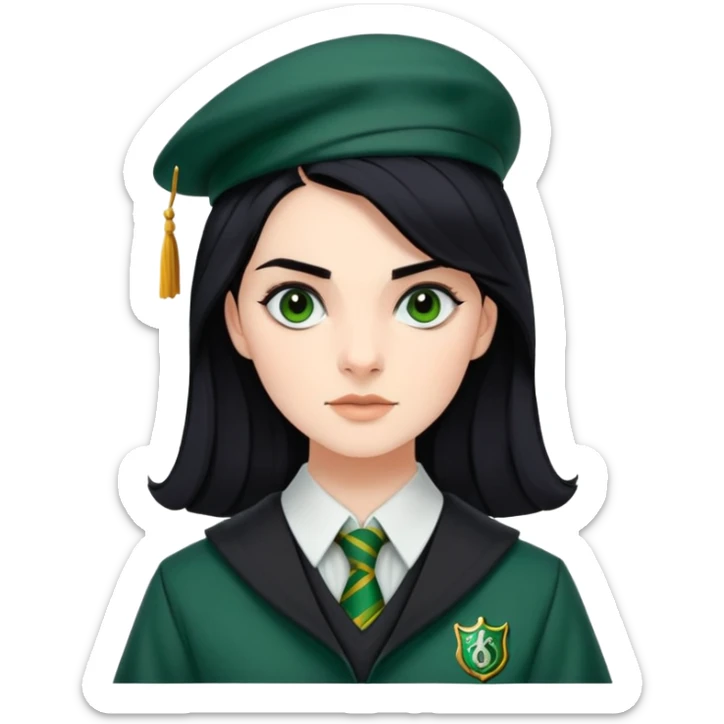genevieve gaunt is Pansy Parkinson in harry potter, wear hogwarts slytherin uniform, black hair, not wearing hat sticker