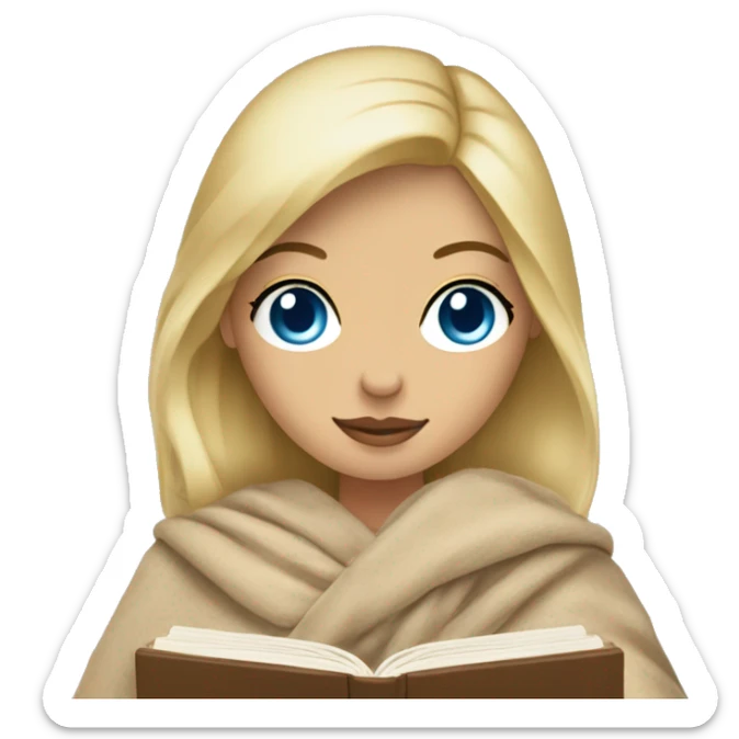 blonde woman with blue eyes in a blanket with a beige book in her handsemoji sticker