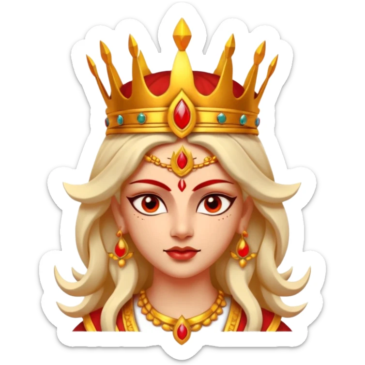Hindu goddess Durga portrait, head and shoulders only, fierce warrior look, red and gold crown, powerful eyes, divine aura, 3D cartoon, mobile game icon style, clean background, no text, no watermark
 sticker