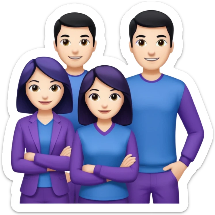 4people 2 men and 2 women. with black hair and white skin. ready to create a team. with blue and purple clothes sticker