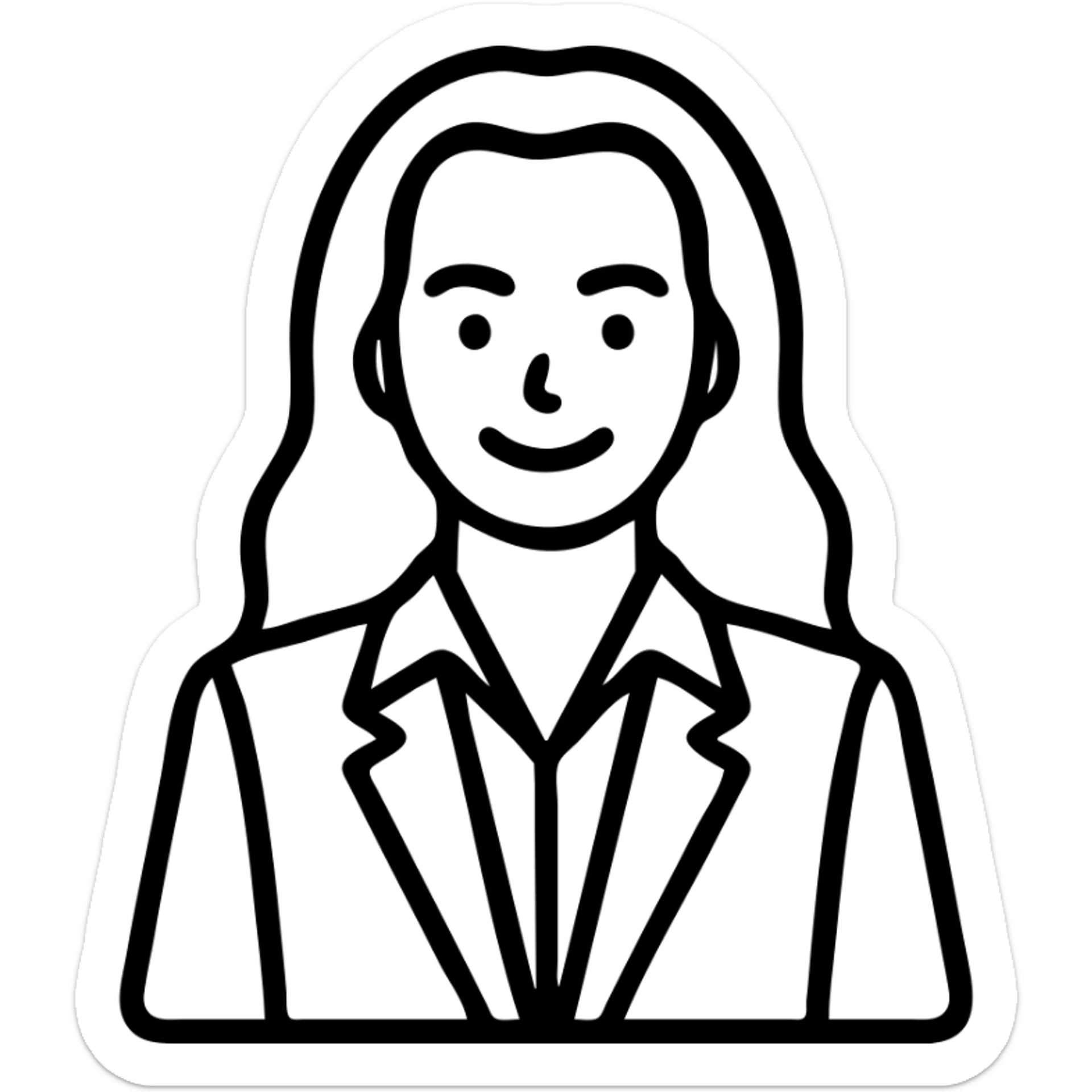 Create a small, simple emoji portrait of a confident woman in a business suit with a friendly smile. Use a clean outlined style suitable for branding and events, focusing on clarity and professionalism. sticker