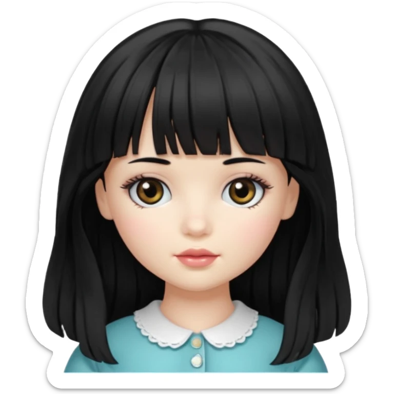 Doll girll, black hair with bangs, slightly wavy, very long hair,long eyelashes, black eyes. sticker