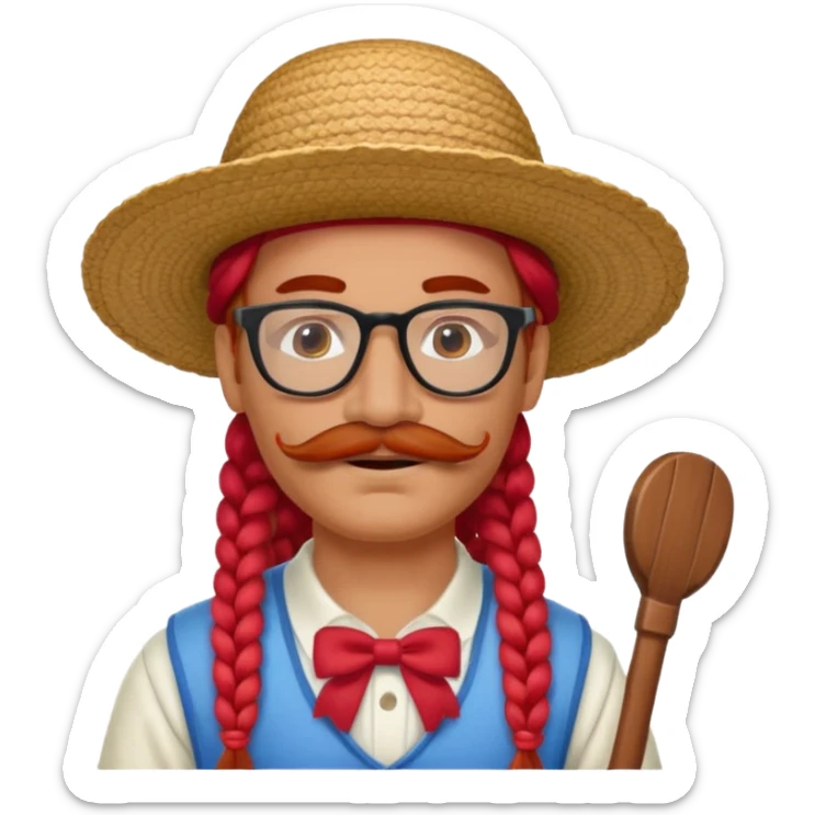 venice gondolier with long red braided hair, iconic hat, normal glassess and red mustache sticker
