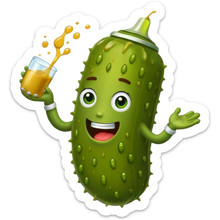 a cartoon pickle with juice squirting from the top of it, being squeezed by a hand sticker