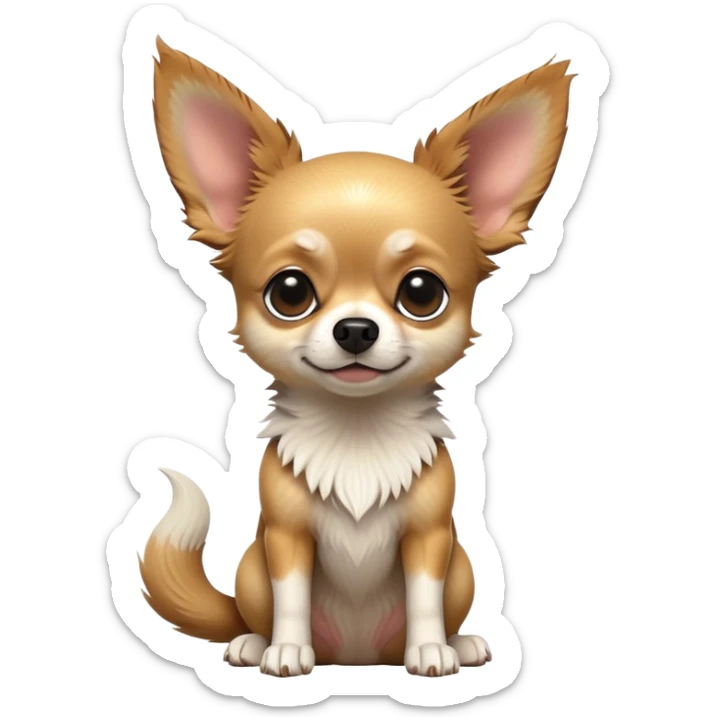 cinematic-[chihuahua dog]-realistic-full-body-sitting-emoji,-tail-resting-loosely-beside-its-paws,-head-tilted-dramatically,-scruffy-[black and tan and white]-fur,-simplified-yet-realistic-focused-features,-highly-detailed,-glowing-with-an-almost-sarcastic-glow sticker