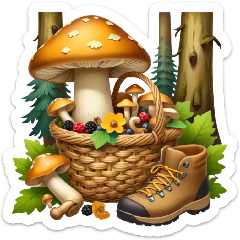 Icon for Mushroom and Berry Tourism: a basket filled with mushrooms chanterelles, boletus and aspen and berries, surrounded by forest elements like trees, leaves and a hiking boots. The icon should capture the joy of foraging in nature. Transparent background. sticker