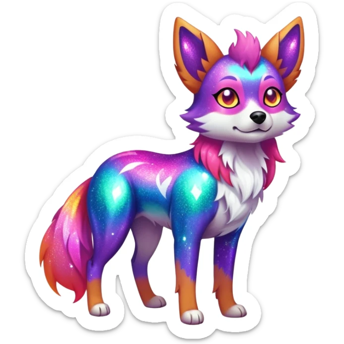 Vibrant multicolored neon-colored Falvie-Fionbri-creature-sparkle-dog-fursona, full body sticker