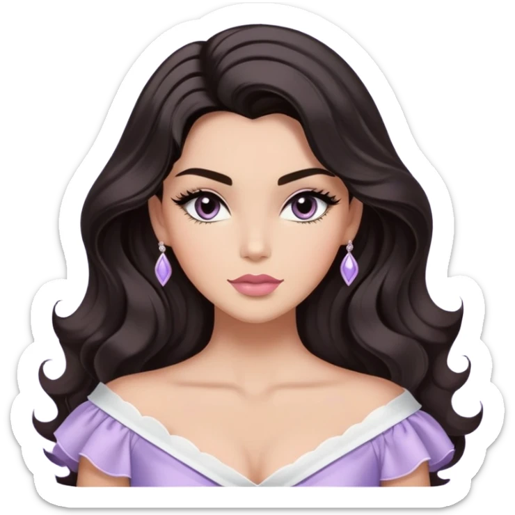 A woman with almond-toned skin, dark voluminous hair in waves, expressive eyes with soft lashes and shimmer, full lips with a glossy nude-pink color, wearing a lavender top and a white sash with “Miss San Juan” in black letters, exuding elegance and confidence sticker