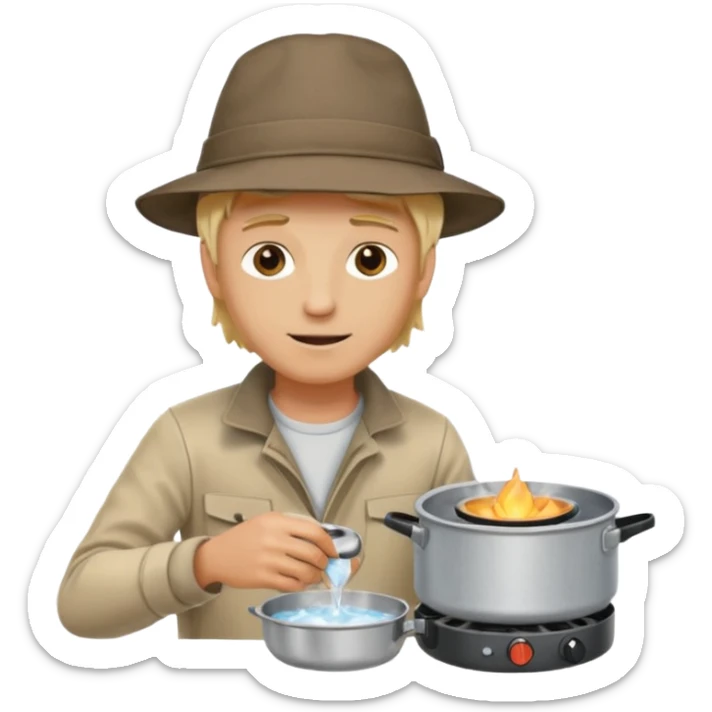 A blonde man camper boiling water on a portable stove, enjoying the outdoor sticker