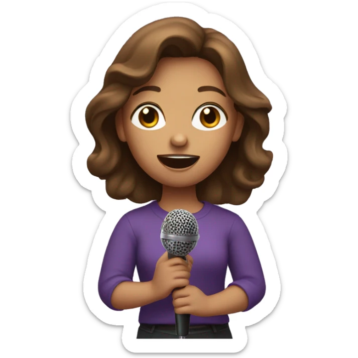 Girl in purple shirt and brown hair singing into a microphone sticker