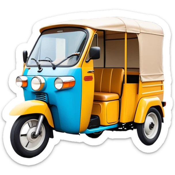 Cinematic Realistic Tuk Tuk Emoji, depicted as a vibrant iconic three-wheeled vehicle with bold colors and a compact design, rendered with crisp textures and dynamic urban lighting that captures its quintessential Thai charm. sticker
