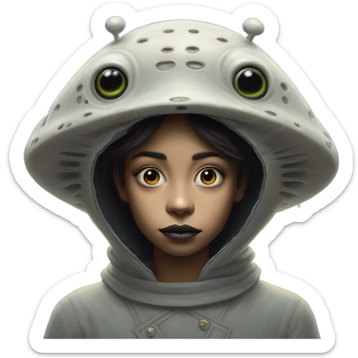 Wholesome UFO alien in Totoro style, oil paint, black eyes, intricate lips, masterpiece portrait, beautiful, desirable, logical, love, peace, understanding sticker