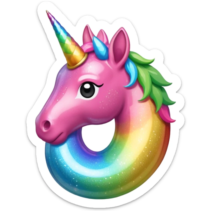 licorne entièrement pailletée, corps rose pailleté, crinière arc-en-ciel pailletée, corne unique arc-en-ciel pailletée, style emoji apple sticker