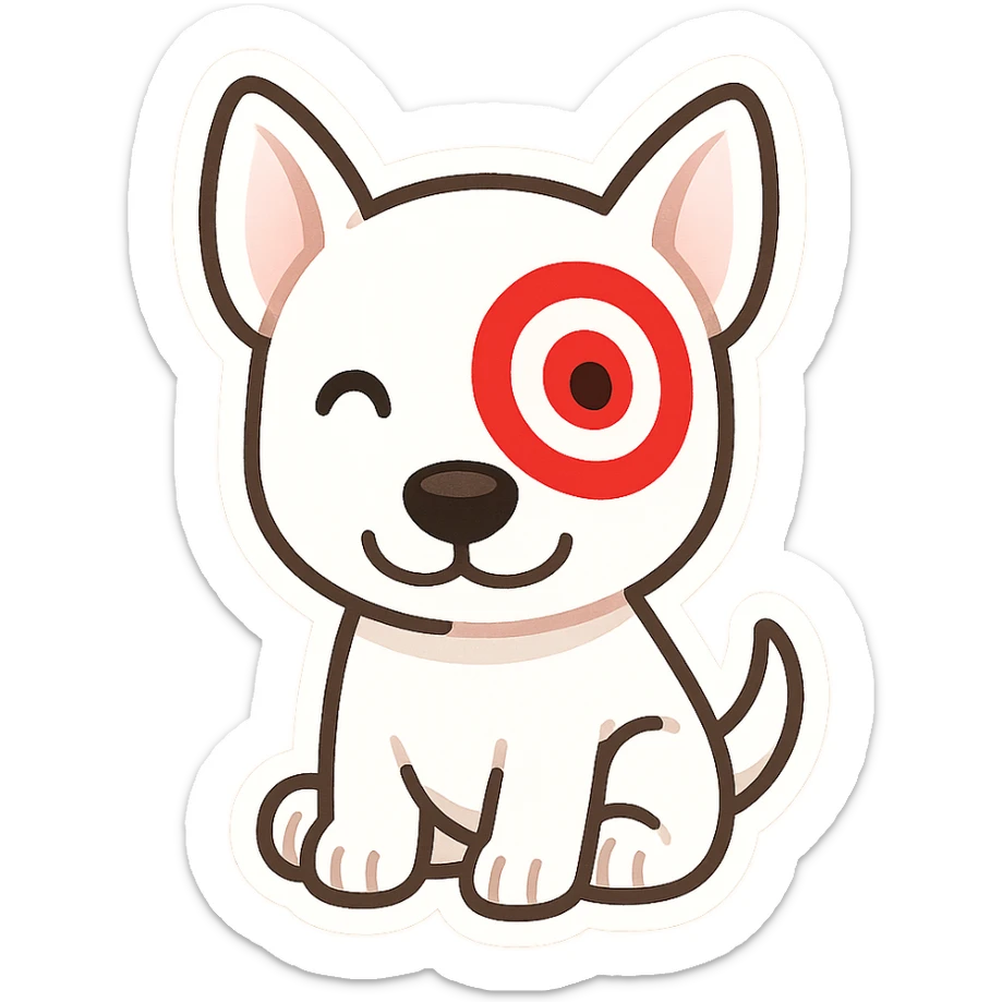 cute cartoon of Target store bullseye dog, white dog with red bullseye around one eye, sitting and smiling, simple and friendly style, chibi stickers style sticker