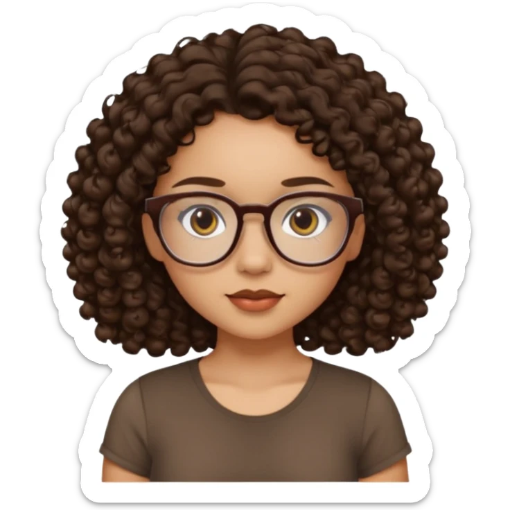 Light skin girl, tan, with dark round eyes, dark brown curly hair down to the waist, glasses, and short sleeve top. Any color.  sticker