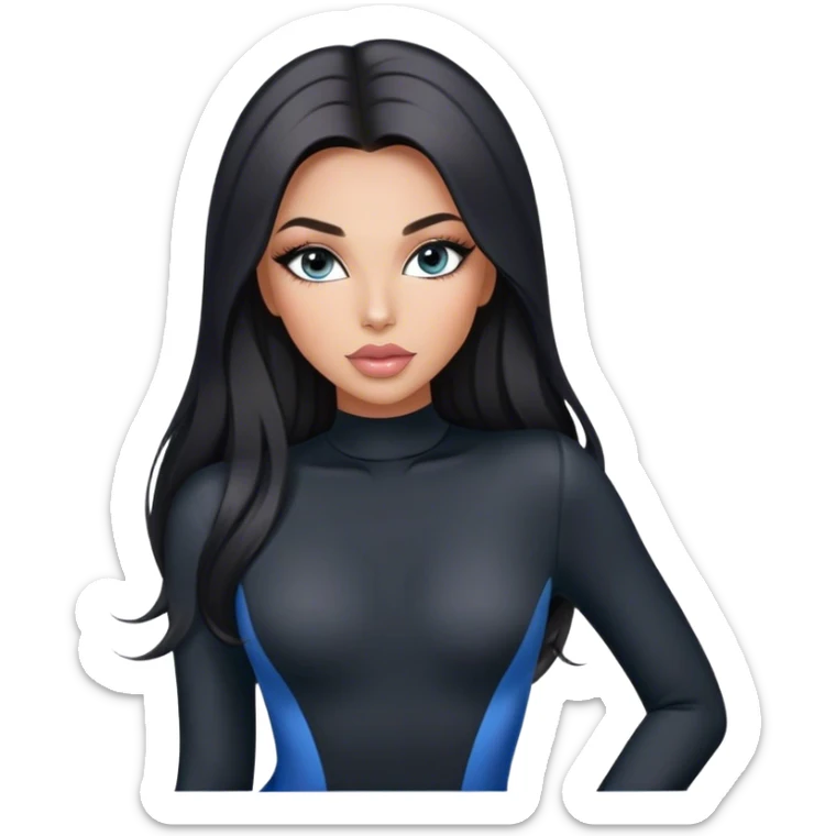 Glamours, tanned, very beautiful girl, with big pump peach-beige-rose lips, long long lashes, black straight smooth silky long hair, straight parting hair, blue-grey eyes in black long-sleeves bodysuit sticker