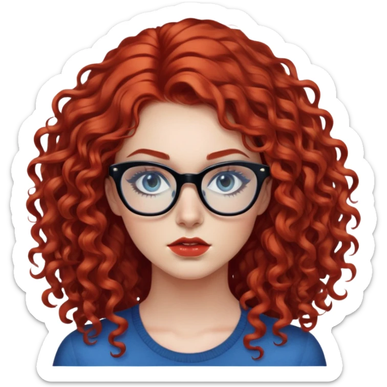 Nữ 25 tuổi, da trắng, tóc dài xoăn màu đỏ, gọng kính màu đen, mắt kính màu xanh dương , trong suốt nhìn thấy mắt, mặt nghiêm túc, lông mi dài, trang điểm khá đậm sticker