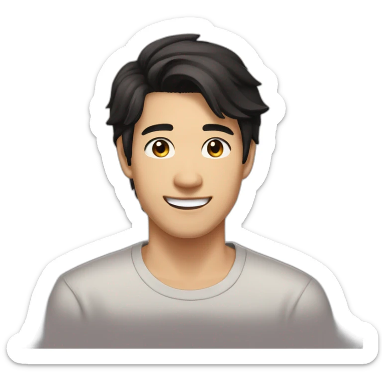 guy, black hair, medium length hair, in his 20s, very asian, smiling, t-shirt only, slight brown skin, dark brown eyes, slighty wavy hair sticker
