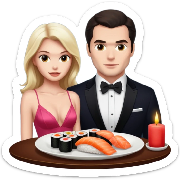 realistic photo of Henry Cavill with a beautiful  victoria secret model on a candle lit sushi date sticker