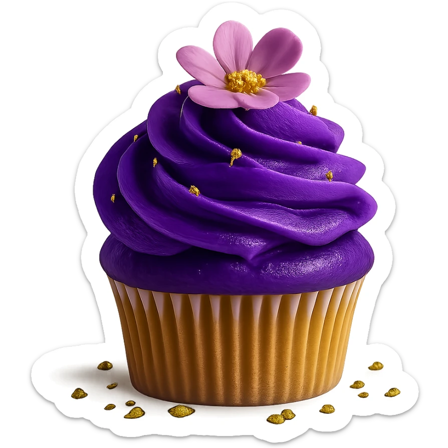 Change the icing to ube flavor with vivid purple, creamy and glossy texture, keep the realistic cupcake and accessories, photorealistic style, transparent background. sticker