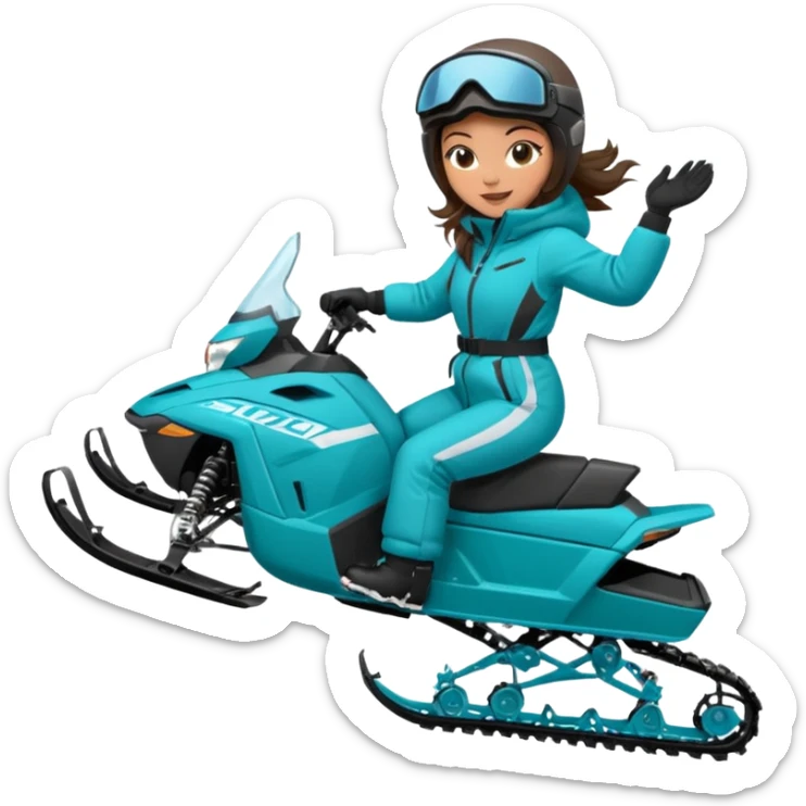 Can you create an emoji of a brunette girl on a teal polaris khaos 850 155 snowmobile doing a wheelie with snow flying sticker