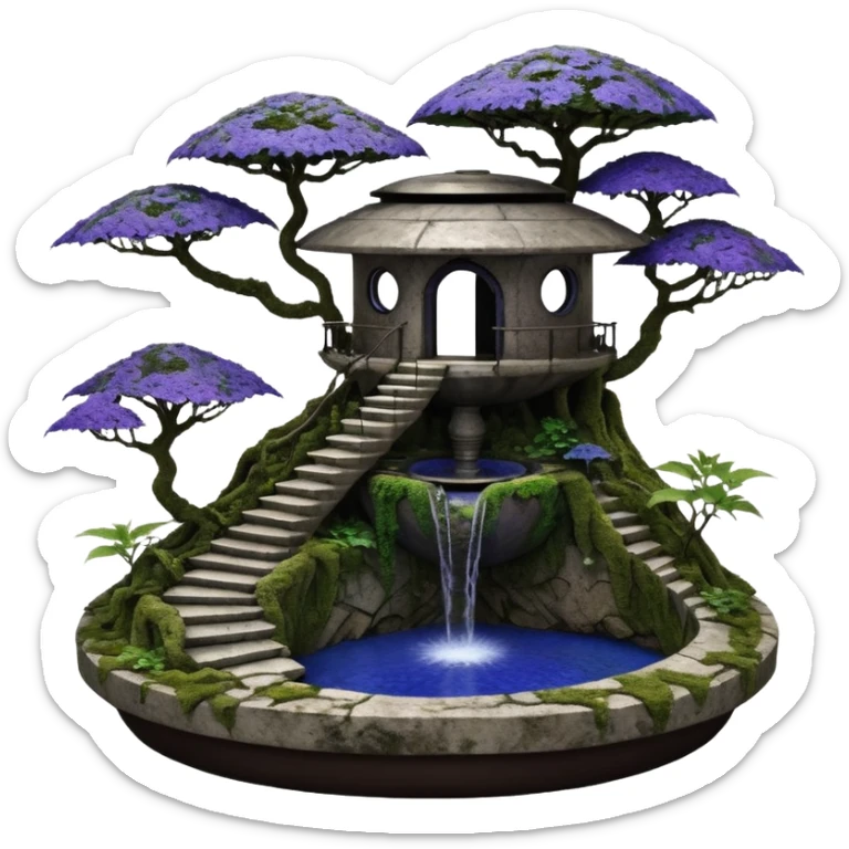 Alien saucer house jungle-vines precarious narrow stairway fountain mountain-island getaway landscape antique mudman very old broken cracked intricate Stone Age lapis-crusted irregular dodecagon-shaped shallow dark moss rough bark violet serissa flowered maple tree bonsai pot sticker