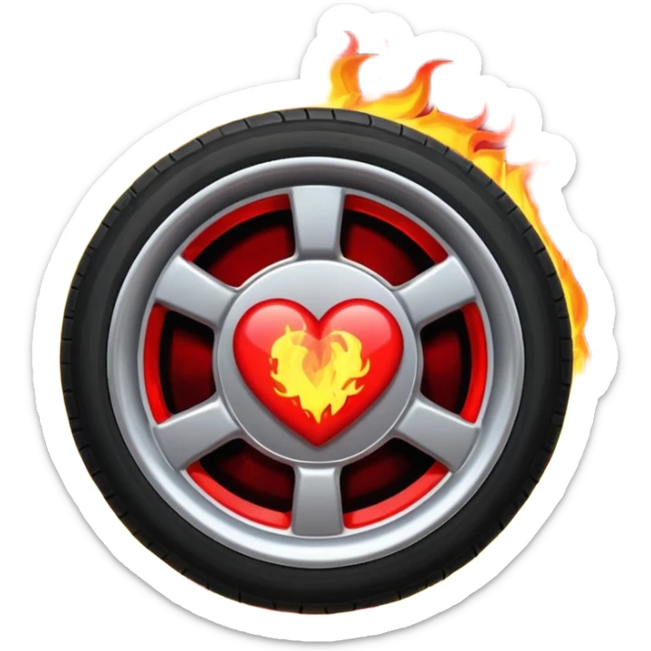 the car wheel is on fire, and in the center of the wheel there is a red fiery heart, high quality sticker