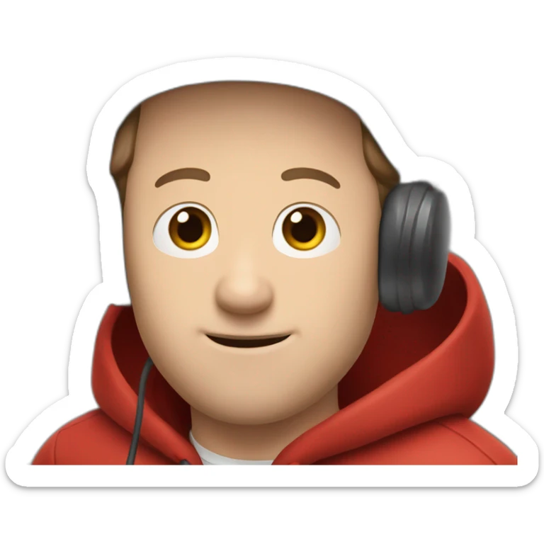 forty-something white man with brown hair, a red cap and a red hoodie holds a microphone sticker