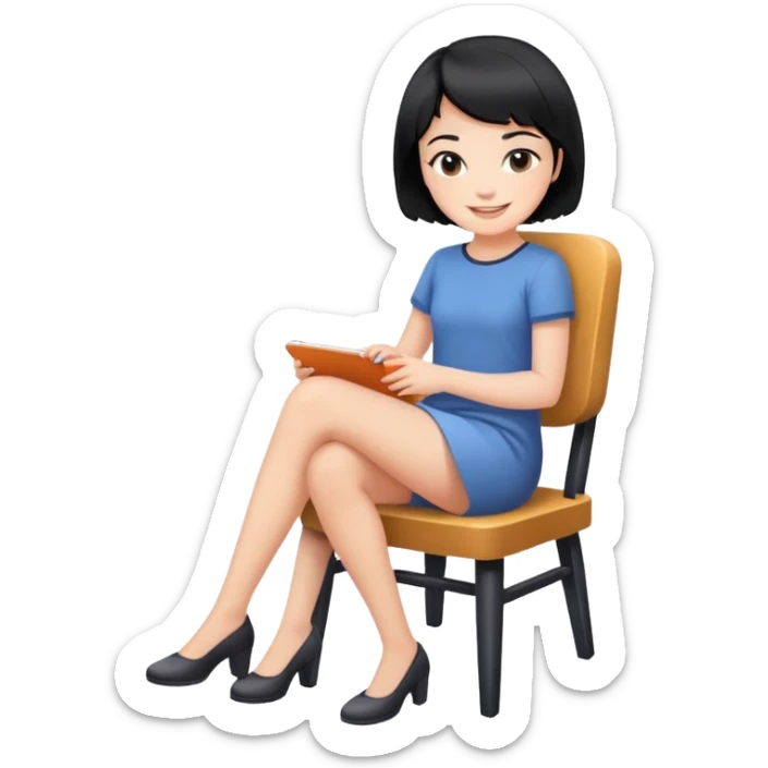 Girl with short black hair smiling sitting on a chair sticker