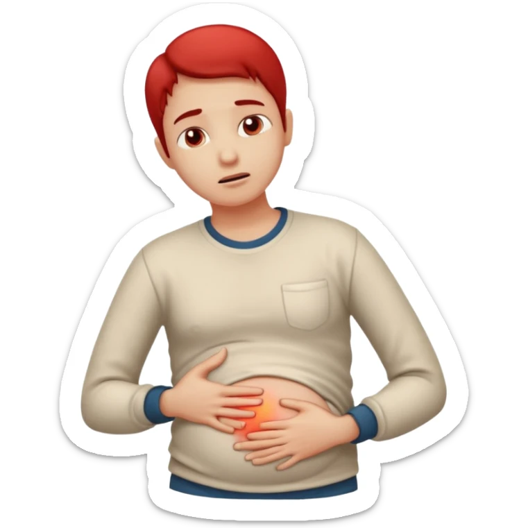 A person wearing casual clothes, holding their stomach with one hand, showing visible discomfort. A red glow appears over the abdominal area to indicate pain. Realistic medical illustration style, clean white background, focus on body language expressing stomach ache or cramps. sticker