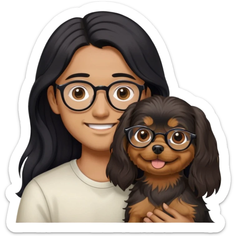 “An Asian girl with long, wavy black hair (loose, no hair tie) next to her smiling boyfriend—a brown-skinned man with a MIDDLE PART HAIr and glasses. Together, they’re holding a small Yorkshire Terrier sticker