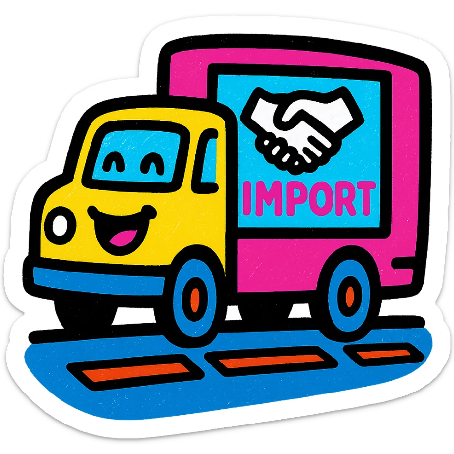 A cheerful icon of a truck driving on a highway with imported goods and a partnership symbol, using colors #1E90FF, #F13816, and #FFFFFF sticker