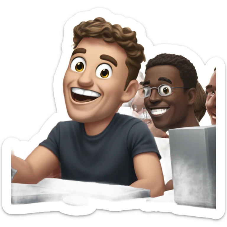 Musk in the treasury department laughing with devil horns coming out of his skull and in background young college guys on computers with eyes bulging out and looking frantic while typing fast sticker