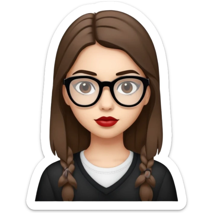 A teenage girl with black glasses a tiny bit of medium length light brown shade of hair thick eyebrows dark brown eyes a medium heart shaped lips  sticker