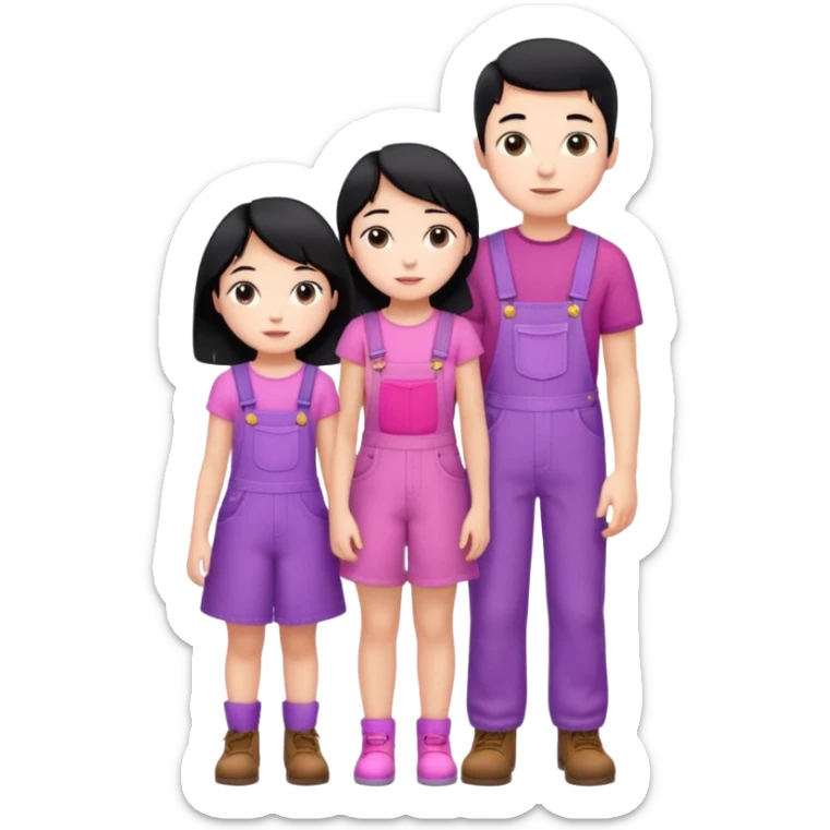 A short boy with black hair in pink overalls standing next to a really tall girl in a purple dress sticker
