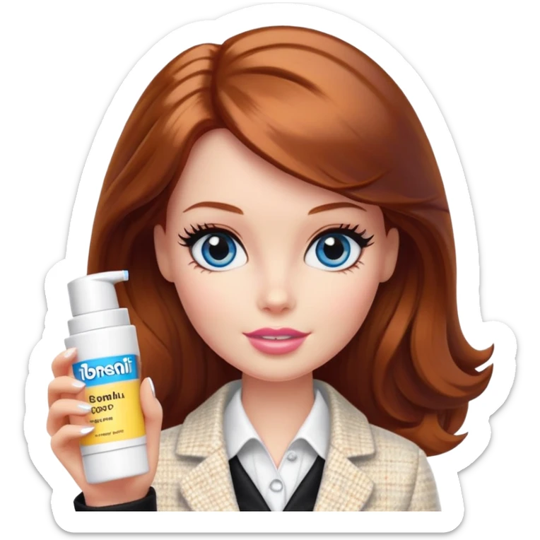 A Barbie girl with blue eyes, shoulder-length reddish-brown hair, made-up, in a white tweed jacket and black skirt, holding a tube of pale yellow face cream sticker