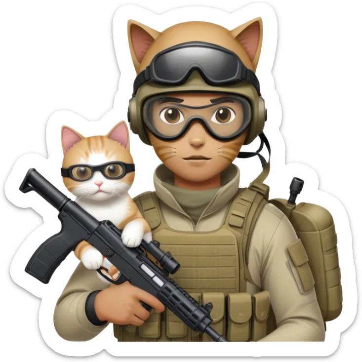 Man in tactical airsoft gear wearing protective goggles on face, holding a gun in one hand and a white and brown cat in the other hand sticker