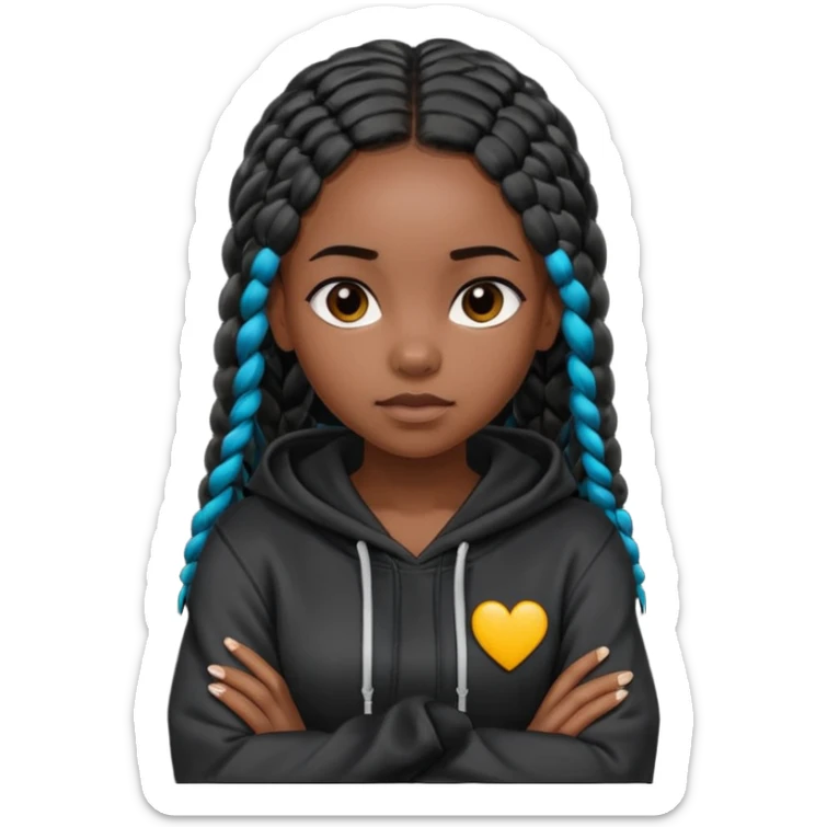 African American dark skin girl with long black box braids wearing a plain black hoodie  with arms folded across chest sticker