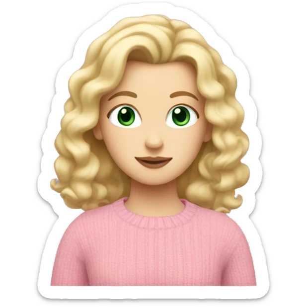 White girl with blonde curled hair and green eyes and a pink sweater sticker