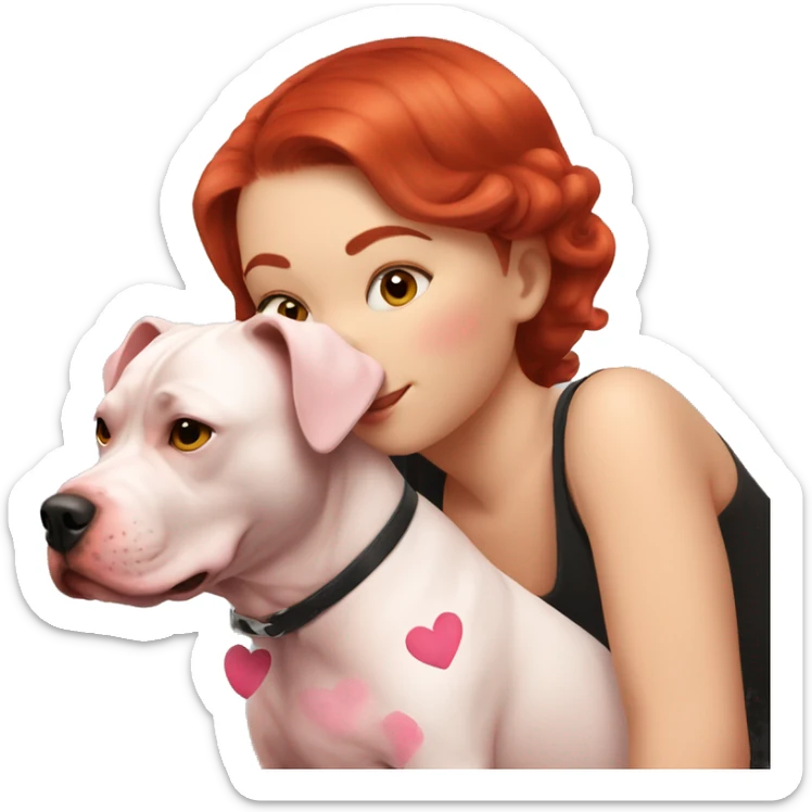 Girl with red hair kissing big black pitbull dog, pink hearts sticker