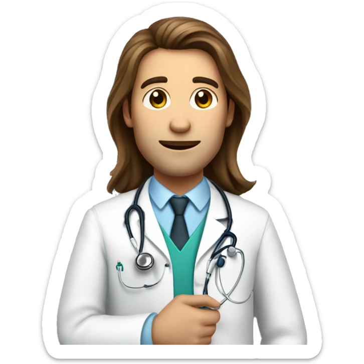 doctor with long brown hair and white skin, holds a stethoscope in his hands sticker