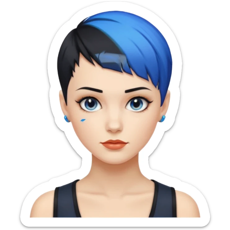 frau, kein kind freche extreme schwarze Kurzhaarfrisur eine Seite wirklich fast keine Haare andere Seite mit blauer Strähne kurze Seite noch viel kürzer sticker