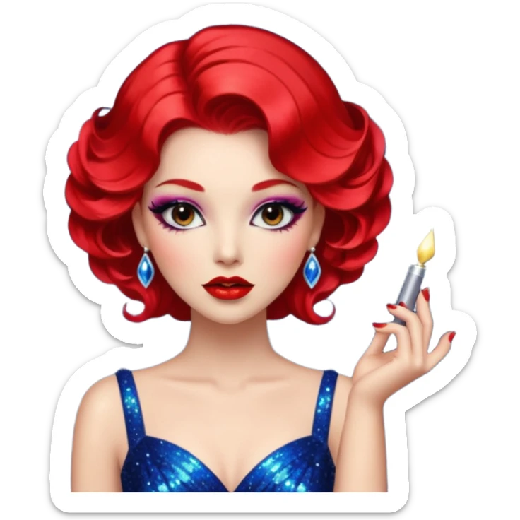 Představuji si mě jako glamourózní postavu, s výrazným make-upem a stylovým oblečením. Budu mít rtěnku v zářivé barvě, perfektně upravené vlasy a elegantní šaty. Pozadí bude plné třpytek a lesku, aby to podtrhlo mou módní vášeň. Styl bude spíše realistický, ale s nádechem fantazie a extravagance. 💅 sticker