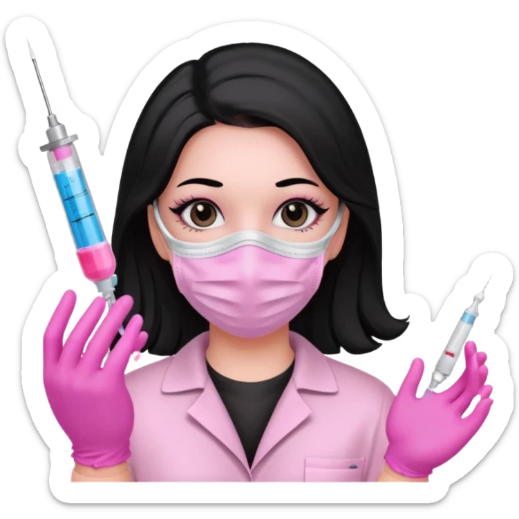 laboratorista con guantes rosa y mascarilla rosa  jeringa tubo laboratorio sin lentes  y  ojos negros cabello largo negro color ojos oscuro sticker
