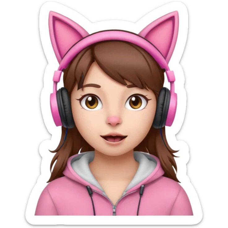 une fille avec des écouteursde chat rose et des cheveux brun qui fais une grimasse sticker